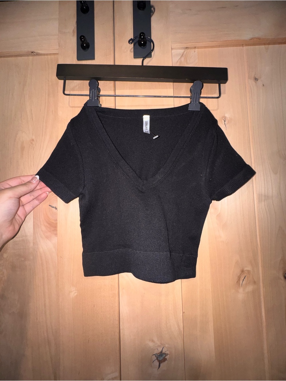 Zenana Black V-Neck Short cropped Sleeve Knit Top - Women's stretchy